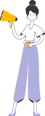 A woman holds a bullhorn and binoculars in her hands. Job Search Theme. H.R. Linear style. Isolated. Vector.