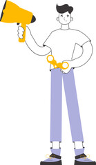 The guy holds a mouthpiece and binoculars in his hands. Job Search Theme. H.R. Linear trendy style. Isolated. Vector.