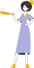 The woman cook is holding a frying pan. Linear style. Isolated. Vector.
