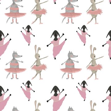 Seamless pattern with bunny ballerina, wolf on pink tutu skirt, sheep on dress. Animals on white background. Illustration for kids design, textile, paper, books, nursing, greeting, school wallpapers.