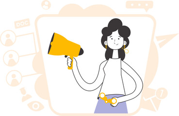 A woman holds a bullhorn and binoculars in her hands. Job Search Theme. H.R. Linear trendy style.