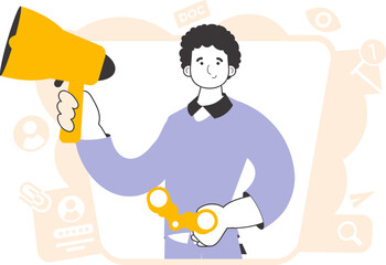 The guy holds a mouthpiece and binoculars in his hands. Job Search Theme. H.R. Linear style.