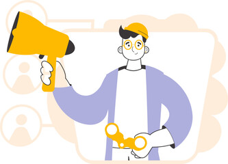 A man holds a mouthpiece and binoculars in his hands. Job Search Theme. H.R. Linear trendy style.