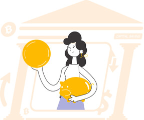 A woman holds a coin and a piggy bank in her hands. The theme of saving money. Linear modern style.