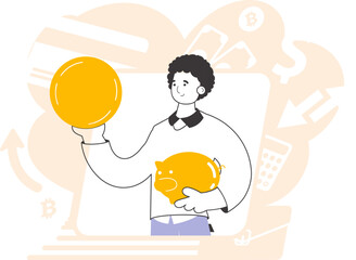 A man holds a coin and a piggy bank in his hands. The theme of saving money. Linear style.