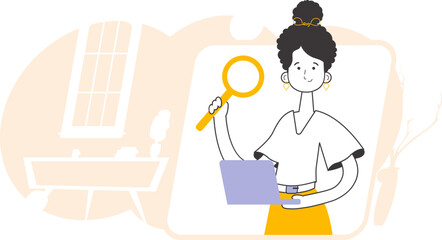 The girl holds a magnifying glass and a laptop in her hands. Job Search Theme. H.R. Linear modern style.