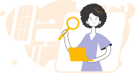 The girl holds a magnifying glass and a laptop in her hands. Job Search Theme. H.R. Linear style.