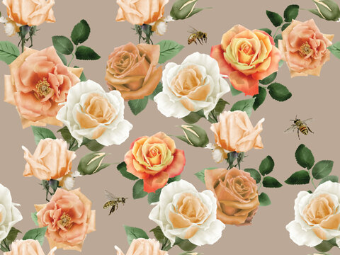 beautiful seamless pattern with honey bee and floral design