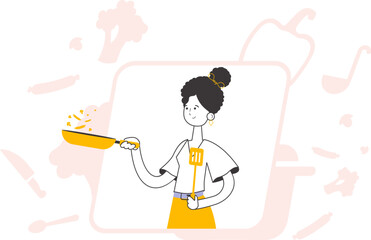 The girl the cook holds a frying pan. Linear modern style.