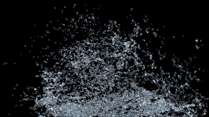 Water Splash with droplets on black background. 3d illustration.