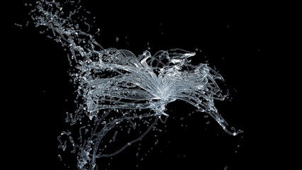 Water Splash with droplets on black background. 3d illustration.