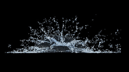 Water Splash with droplets on black background. 3d illustration.