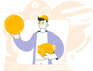 The guy holds a coin and a piggy bank in his hands. The theme of saving money. Linear trendy style.