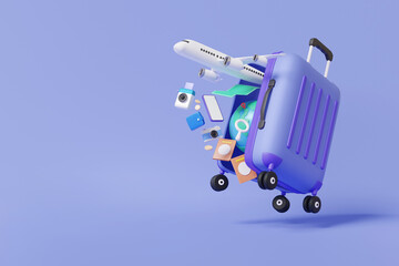 3D rendering Minimal cartoon flight airplane travel tourism plane trip planning world tour luggage with pin location suitcase and map, leisure touring holiday summer concept, banner, copy space © N ON NE ON