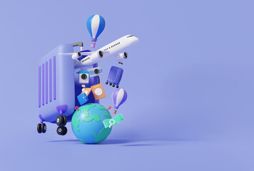 Leisure touring holiday summer concept. flight airplane travel tourism plane trip planning world tour luggage with map pin location suitcase, banner, copy space. Minimal cartoon cute smooth. 3d render