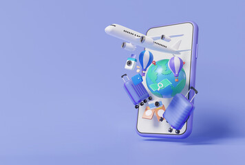 Travel online booking service floating on smartphone with suitcase and flight airplane.Tourism trip planning world tour, leisure touring holiday summer concept, cute copy space, 3d render illustration