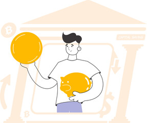 The guy holds a coin and a piggy bank in his hands. The theme of saving money. Linear modern style.