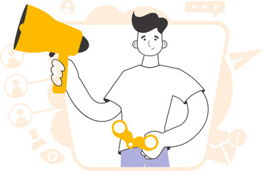 A man holds a mouthpiece and binoculars in his hands. Job Search Theme. H.R. Linear modern style.