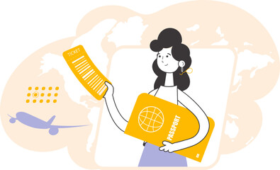 A woman is holding a ticket and a passport. Travel theme. Linear modern style.
