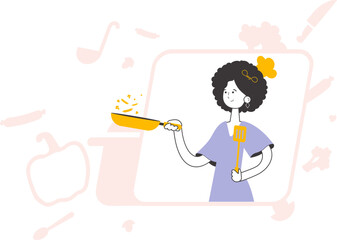 The girl the cook holds a frying pan. Linear style.