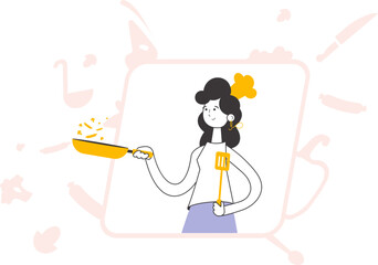 The woman cook is holding a frying pan. Linear trendy style.