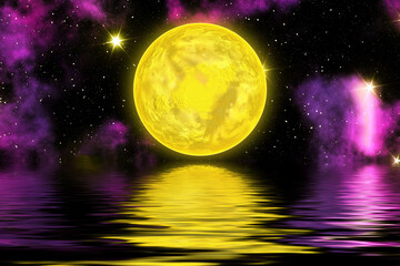 Fascinating moon with water reflection. Universe. Space.