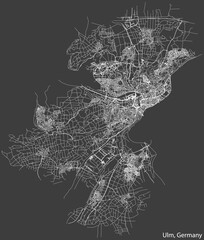 Detailed negative navigation white lines urban street roads map of the German regional capital city of ULM, GERMANY on dark gray background