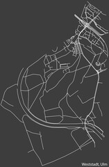 Detailed negative navigation white lines urban street roads map of the WESTSTADT DISTRICT of the German regional capital city of Ulm, Germany on dark gray background