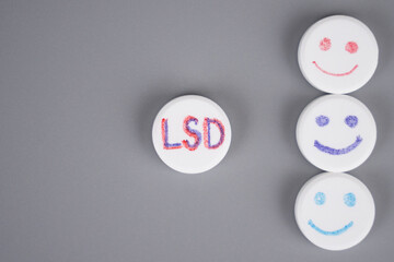 lsd pills closeup top view, medicinal lysergic acid diethylamide