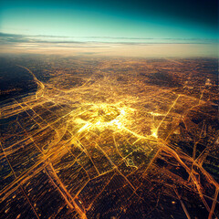 Aerial view night city, ai generated illustration