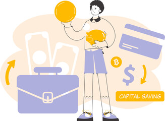The guy holds a coin and a piggy bank in his hands. The theme of saving money. Linear style.
