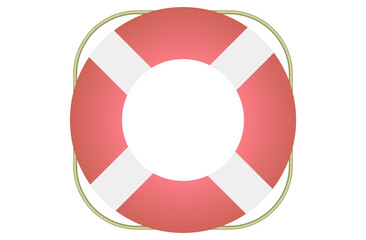 Red life buoy with four white stripes and a rope at the back