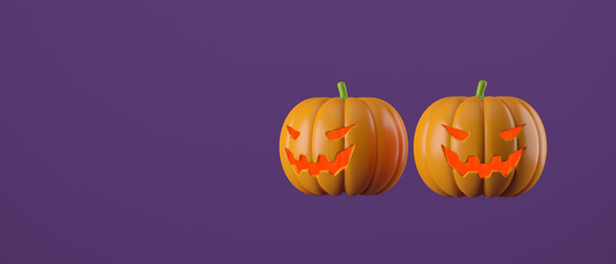 Naklejka na ściany i meble 3d cartoon pumpkin jack o lantern happy halloween for banner or posters violet background. 3d rendering illustration