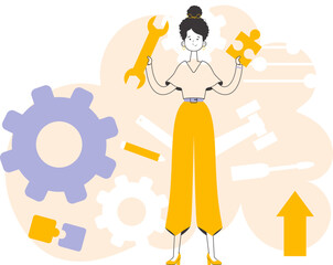 A woman is holding a wrench and a puzzle. Teamwork theme. Linear modern style.