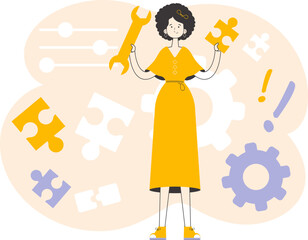 A woman is holding a wrench and a puzzle. Teamwork theme. Linear style.
