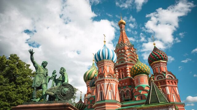 Time lapse view of historic landmark Saint Basil's Cathedral, an Orthodox church built from 1555 to 1561 in the Red Square of Moscow, Russia. 