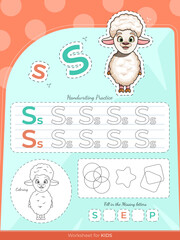 The education worksheet for kids with a sheep and letters