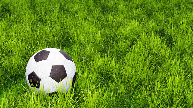 Soccer ball on a grass field close-up. Realistic soccer ball on pitch. Soccer Ball with dew drops, 3d Render