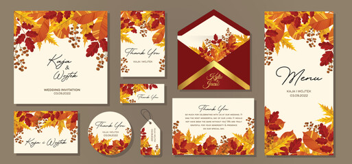 Fototapeta Wedding Invitation, menu card. Leaves design autumn foliage collection oak, maple, chestnut and ash. Vector elegant cute rustic greeting, invite postcard. obraz