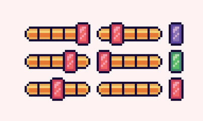 Obraz premium Game settings slider bar pixel art set. Switch panel and button collection. 8 bit sprite. Game development, mobile app. Isolated vector illustration.