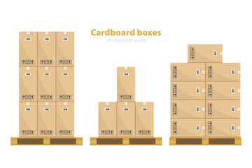 Cardboard boxes on wooden pallets. Carton parcel for storage and cargo with pictograms, barcode and and text stickers. Box isolated on white background.