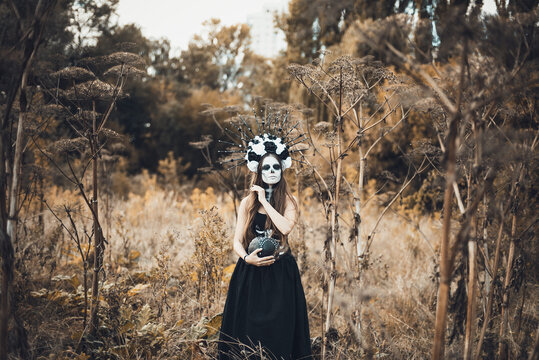 Closeup portrait of Calavera Catrina in black dress. Sugar skull makeup. Dia de los muertos. Day of The Dead. Halloween.