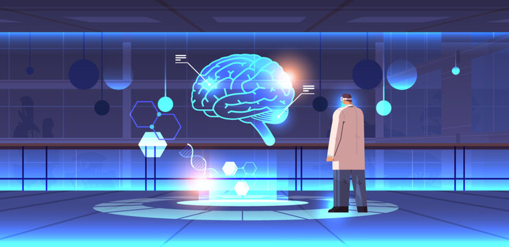 doctor in digital glasses looking at virtual detailed explanation anatomical brain internal organ vr vision metaverse