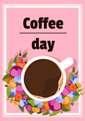 International Coffee day. Vector flat illustration with coffee cup. Use for greeting card, banner, poster and brochure.