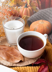 Cozy autumn composition, sweater weather. Pumpkins, hot tea and sweaters on window