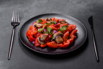A salad of baked mushrooms, tomatoes, onions, parsley, spices and herbs