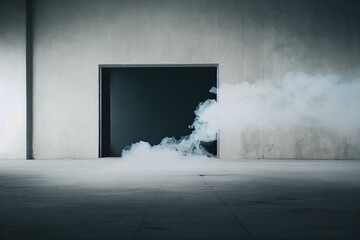 Room with concrete floor and smoke with light against dark wall background. Background of an empty dark room. 3D illustration