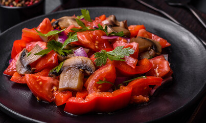 A salad of baked mushrooms, tomatoes, onions, parsley, spices and herbs