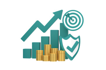 3D. Green rising arrow, profit bar graph and shield with multiple arrangements of coins.