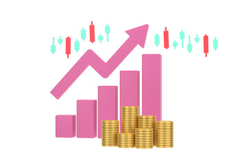 3D. Pink rising arrow, profit bar graph and shield with multiple arrangements of coins.